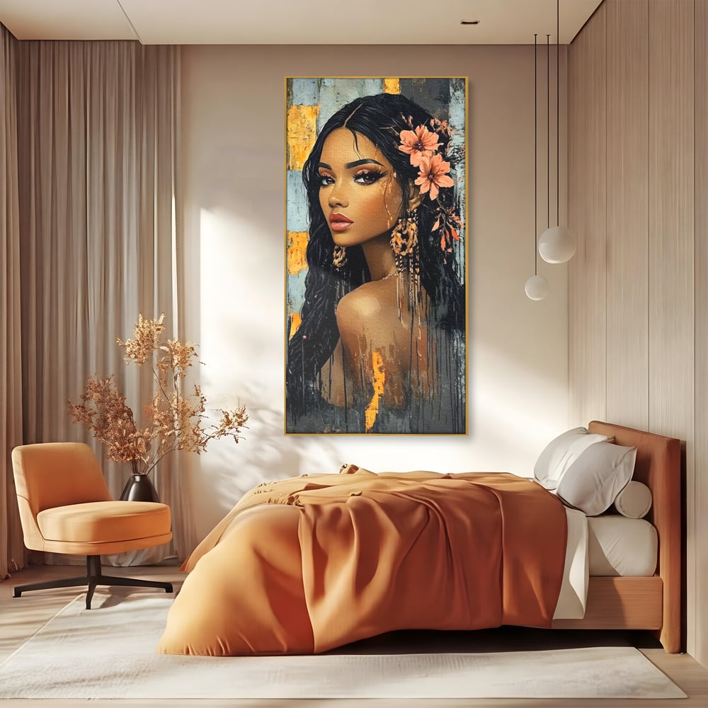 Tablou canvas cu tablou canvas cu femeie si flori in par, in rama de aluminiu auriu, pe perete intr-un dormitor